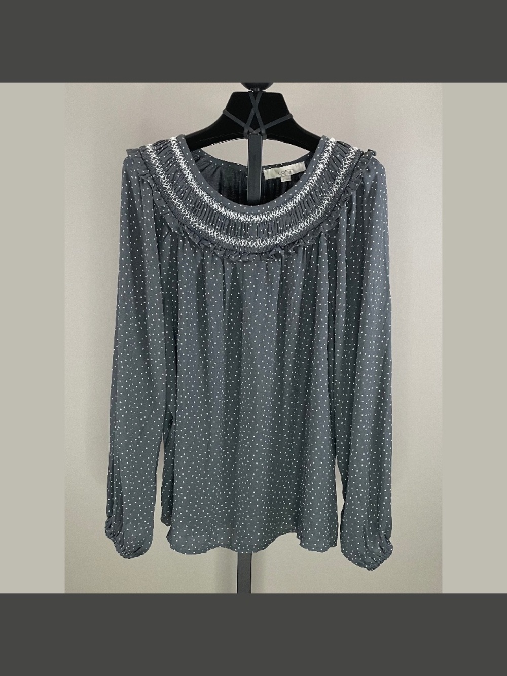 NEW Loft Shirt Womens Large gray white dot blouse preppy business casual